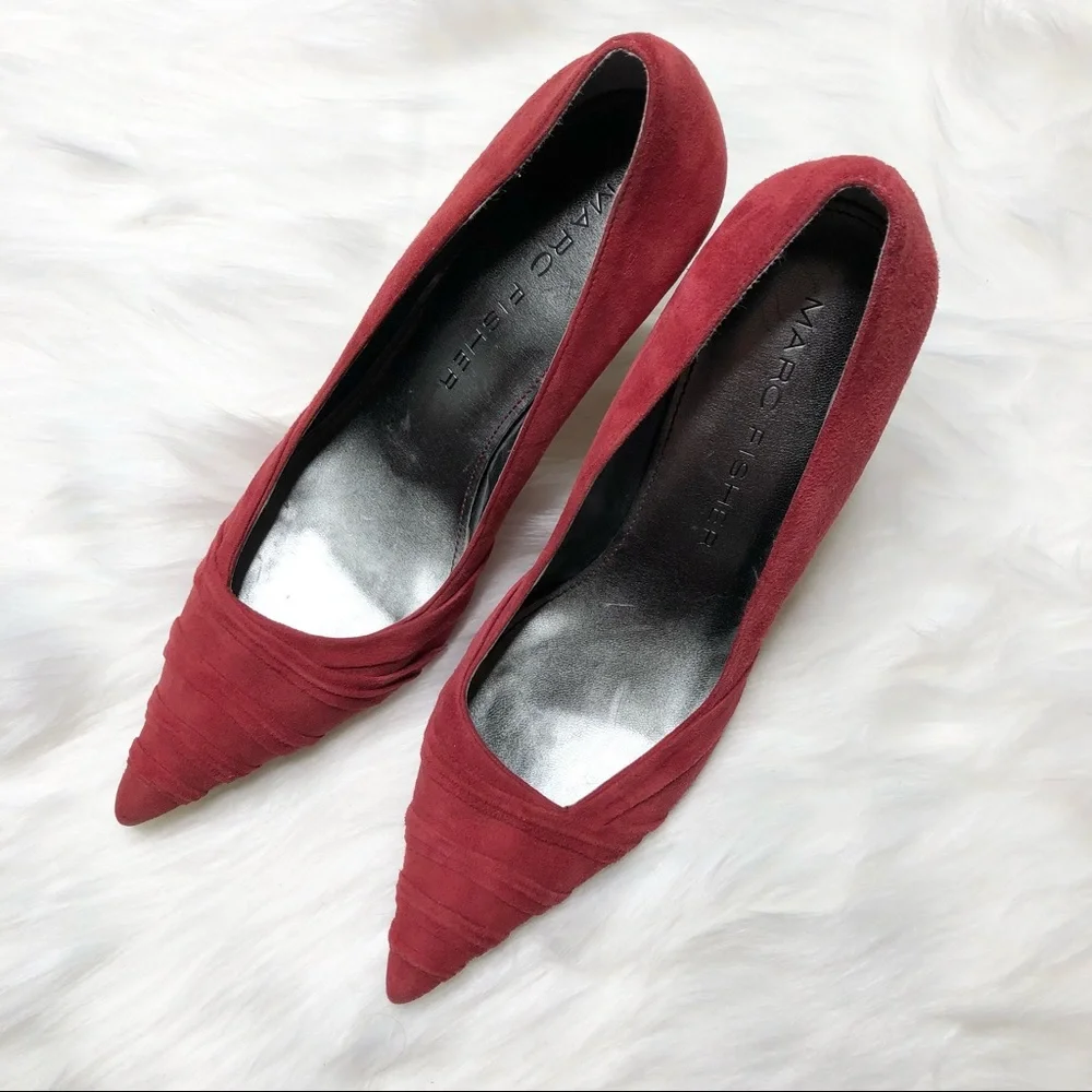 MARC FISHER Suede Leather Pumps Pleated Heels Stiletto Red Slip On Size 8M